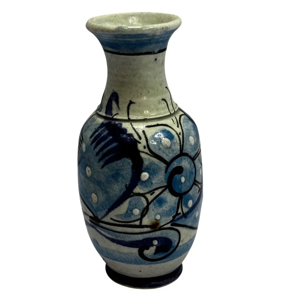Vintage Mexican Pottery Bud Vase Blue White Hand Painted Bird Signed MEX JL 3.5